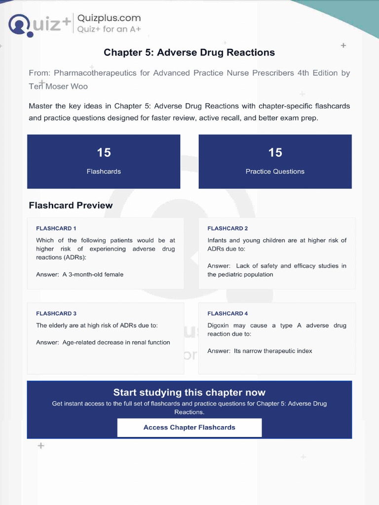 Flashcards for Chapter 5 Adverse Drug Reactions | PDF