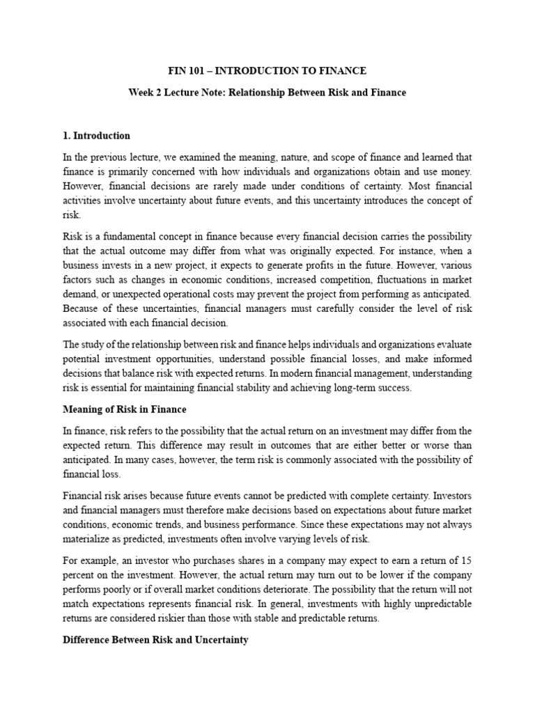 Week 2 Lecture Note - Relationship Between Risk and Finance | PDF ...
