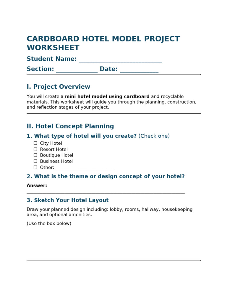 Cardboard Hotel Model Worksheet | PDF