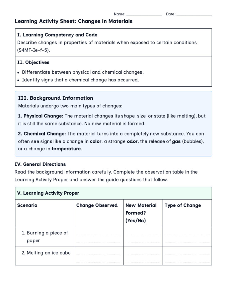 Grade 4 Science Physical and Chemical Changes in Materials | PDF ...