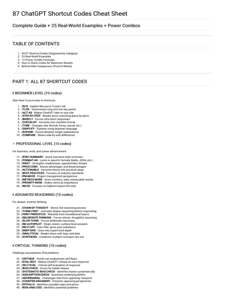 87 ChatGPT Shortcut Codes Cheat Sheet | PDF | Artificial Intelligence ...