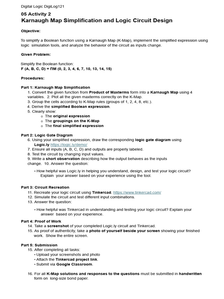 05 Activity 2 - K-Map and Logic Circuit Design | PDF