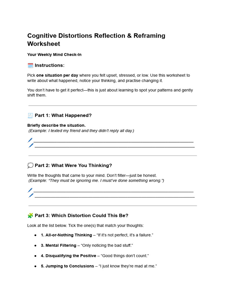 Cognitive Distortions Reflection & Reframing Worksheet - Keerthi | PDF ...