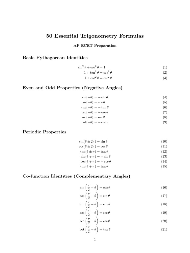 50 Trig Formulas AP ECET | PDF | Trigonometry | Angle