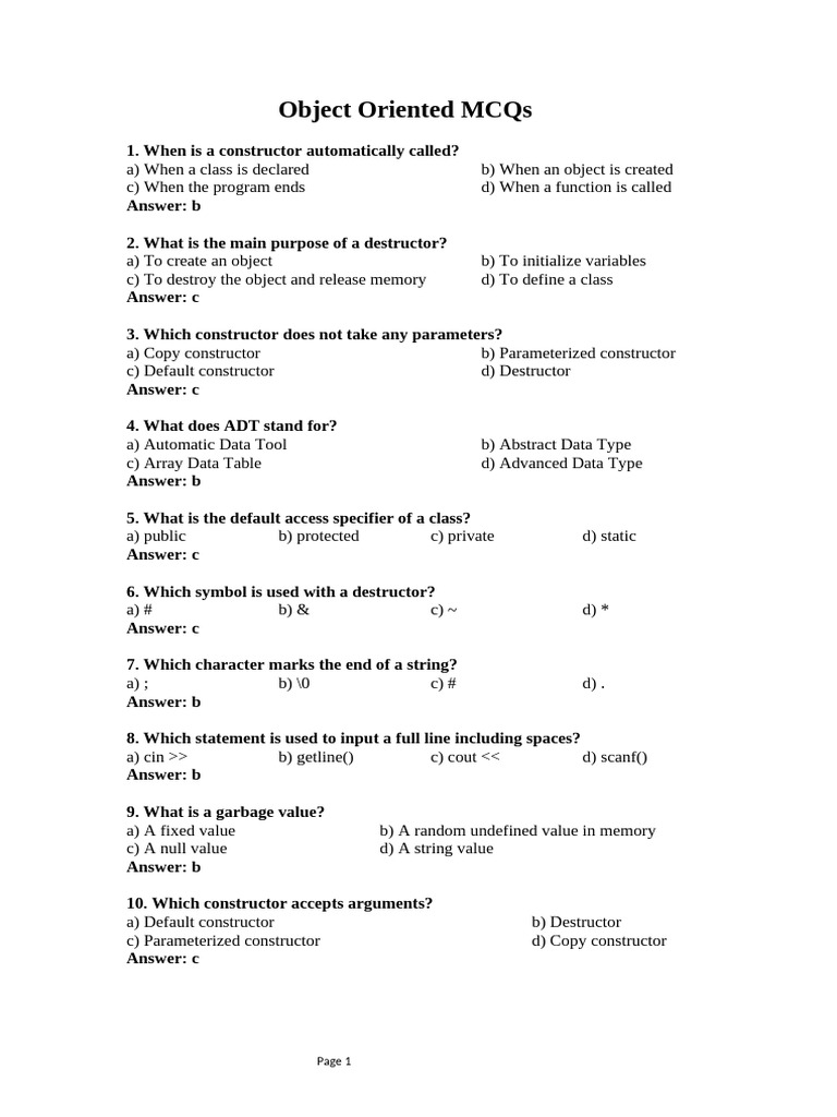 Object Oriented MCQs | PDF | Constructor (Object Oriented Programming ...