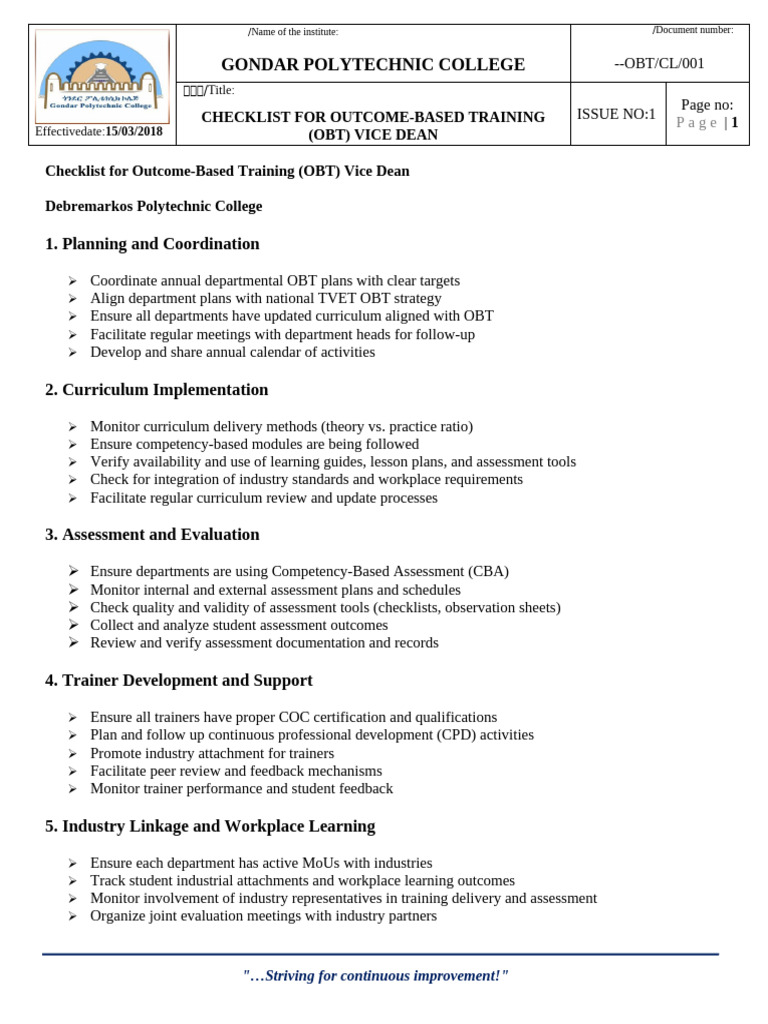 GPTC-OBT-CL-001 -Checklist for Outcome-Based Training (OBT) Vice Dean | PDF