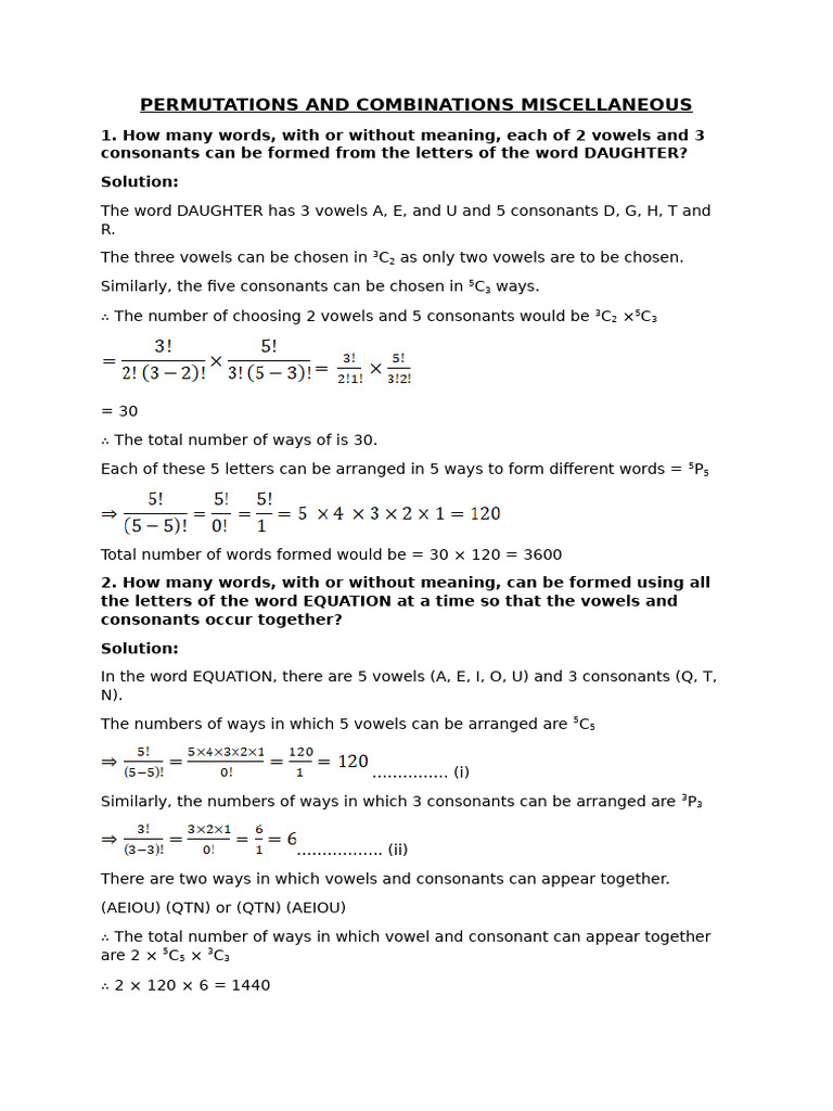 PERMUTATIONS AND COMBINATIONS MISCELLANEOUS | PDF | Consonant | Alphabet