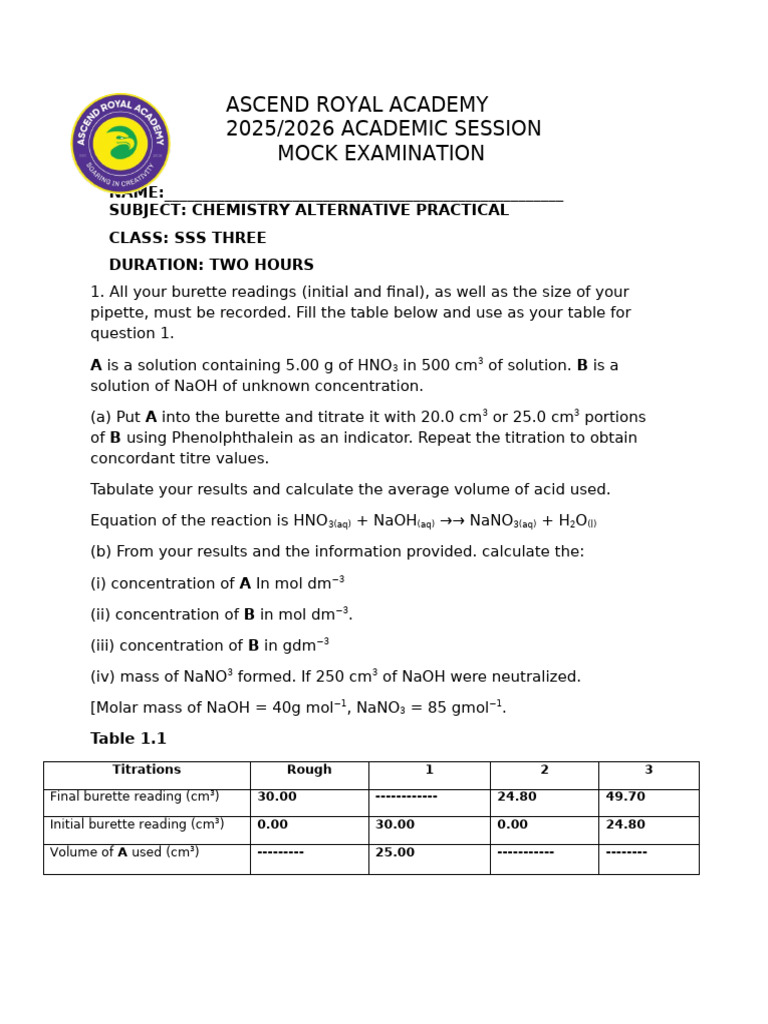 Chemistry Ss3 Mock Practical | PDF | Titration | Chemistry