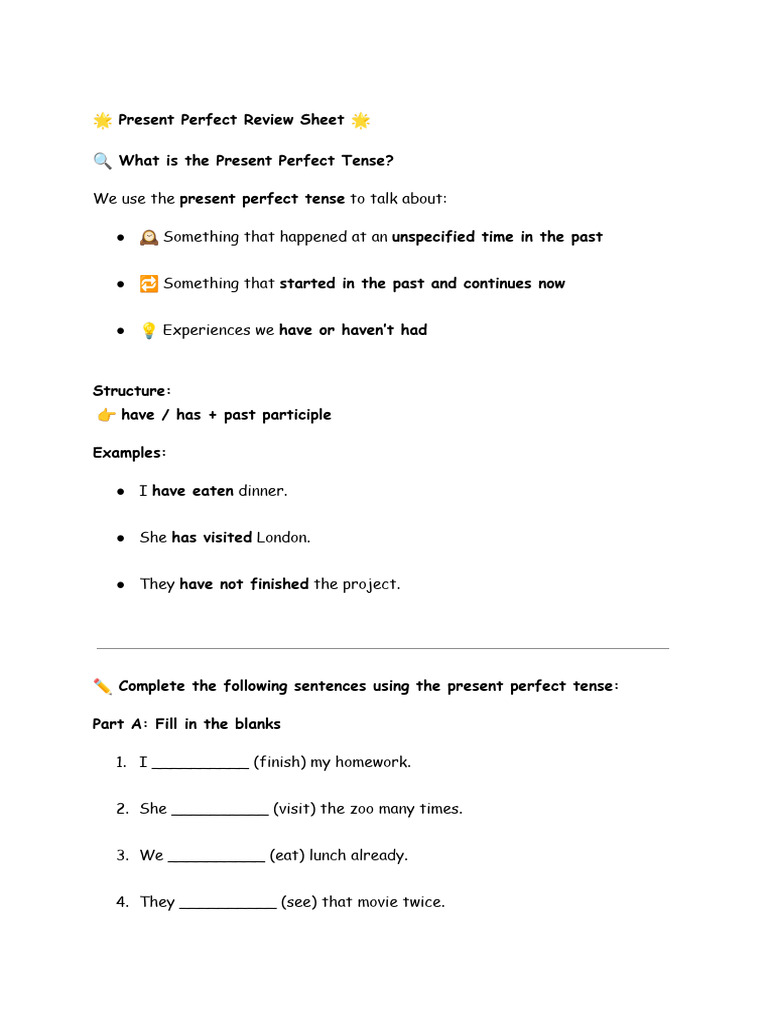 ? Present Perfect Review Sheet ? | PDF