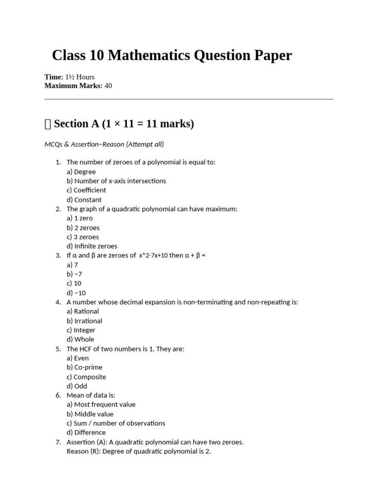 Class 10 Mathematics Question Paper | PDF | Numbers | Polynomial
