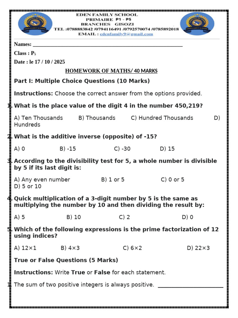 p5 Homework of Maths Le 17-10-2025 | PDF | Numbers | Prime Number