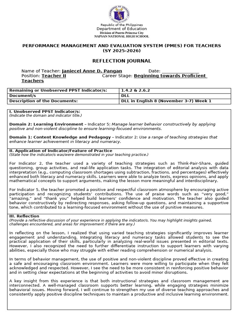 Pmes Reflection Journal Mam Janz 3 | PDF | Teachers | Learning