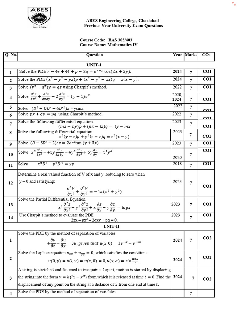 Question bank_Mathematics IV_Previous year questions | PDF | Partial ...