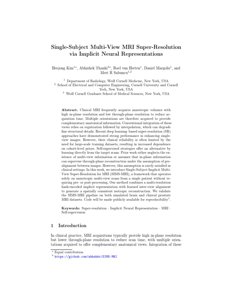 Single-subject Multi-View MRI Super Resolution via INR | PDF | Magnetic ...