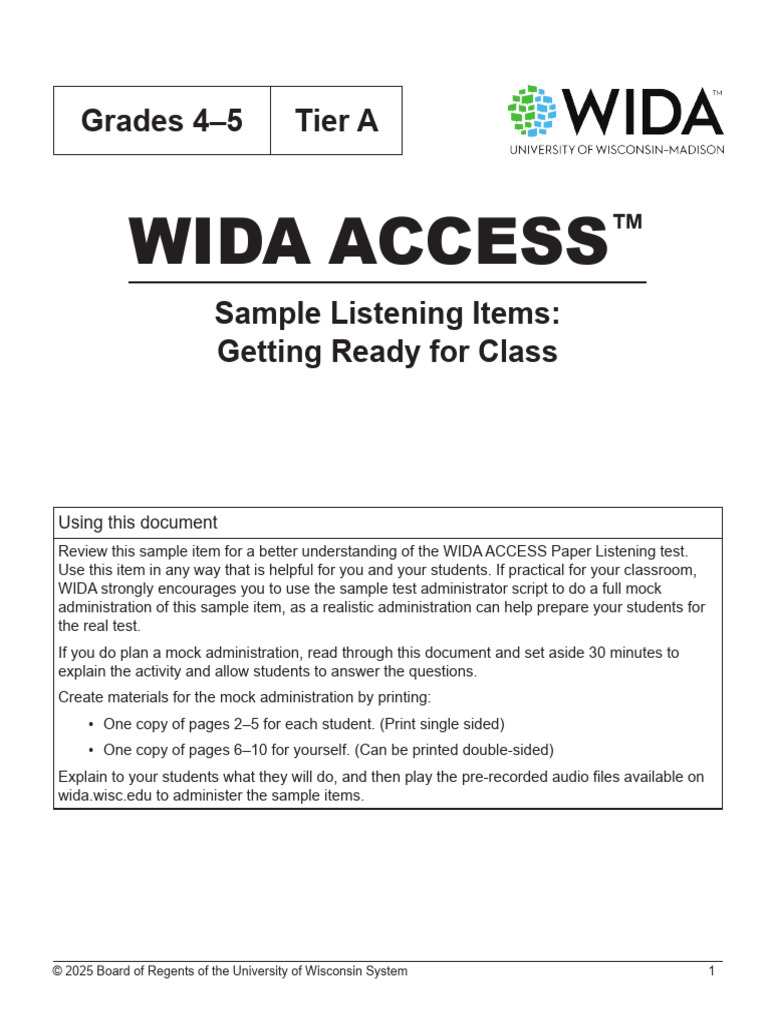 Tier A Listening WIDA Practice Test | PDF | Human Communication