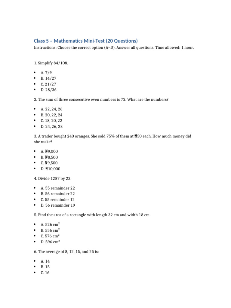 Class5 Math MiniTest Final | PDF | Length | Chess Openings