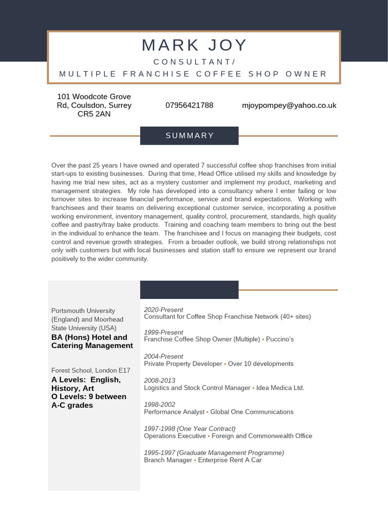 Mark Joy CV new | PDF | Franchising | Leadership