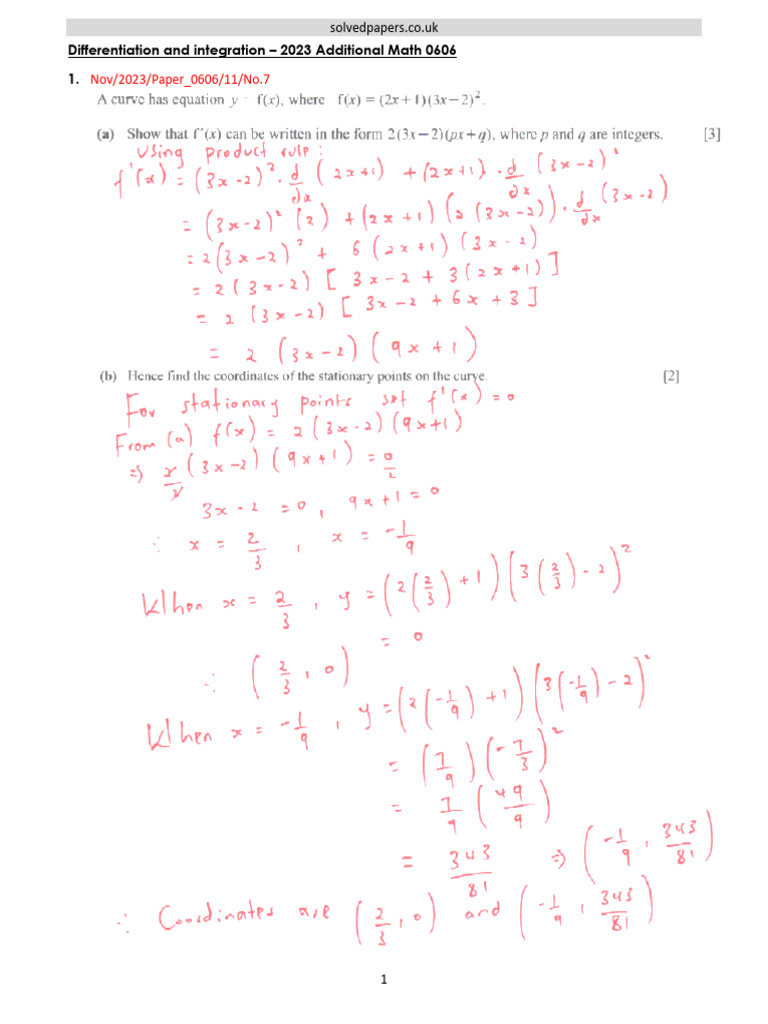 2023 Differentiation and Integration Additional Math 0606 Solved 1 ...