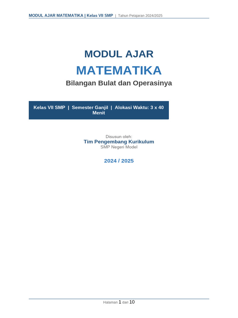 Modul Ajar Matematika Bilangan Bulat | PDF