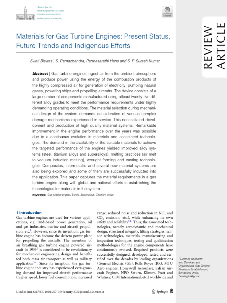 Materials for Gas Turbine Engines Present Status | PDF | Composite ...
