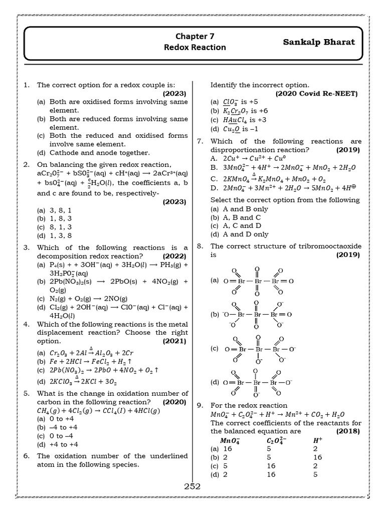 7.redox Reaction - PYQs | PDF | Redox | Chemical Reactions