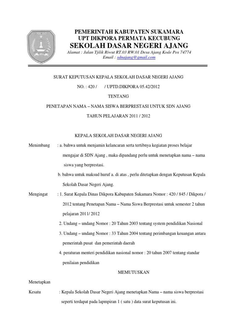 Surat Keputusan Siswa Berprestasi Pdf