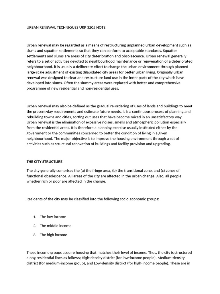 Urban Renewal Techniques Urp 3205 Note | PDF | Slum | Urban Renewal