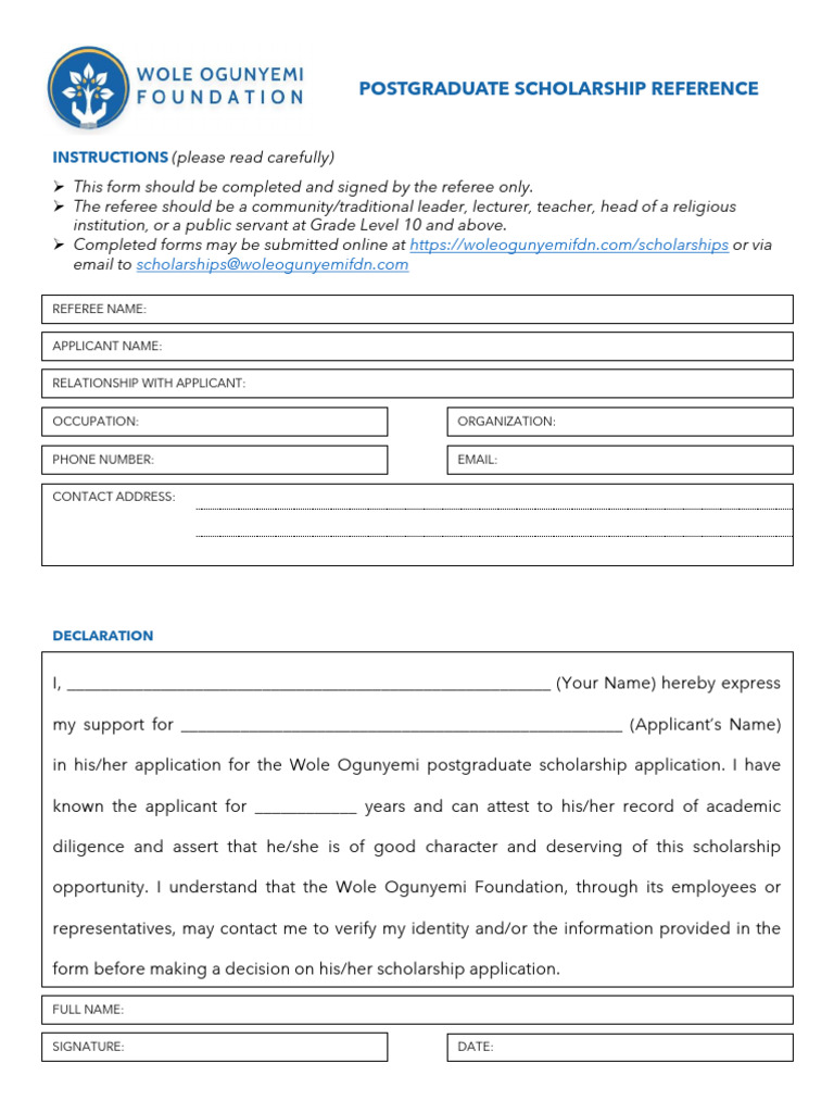 Scholarship Reference Form Postgraduate | PDF