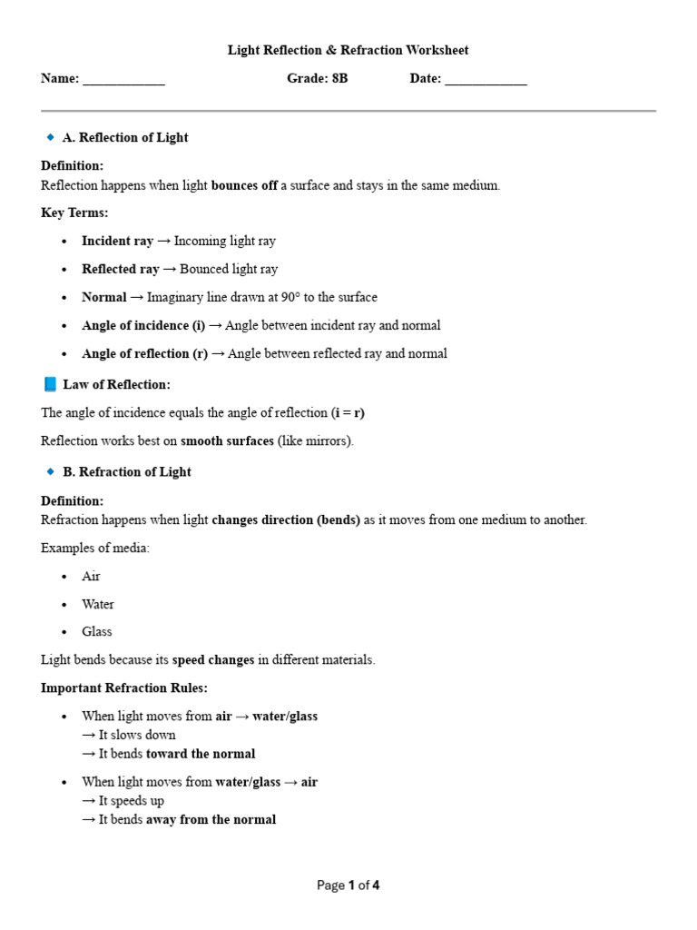 Reflection vs Refraction Worksheet | PDF | Reflection (Physics ...