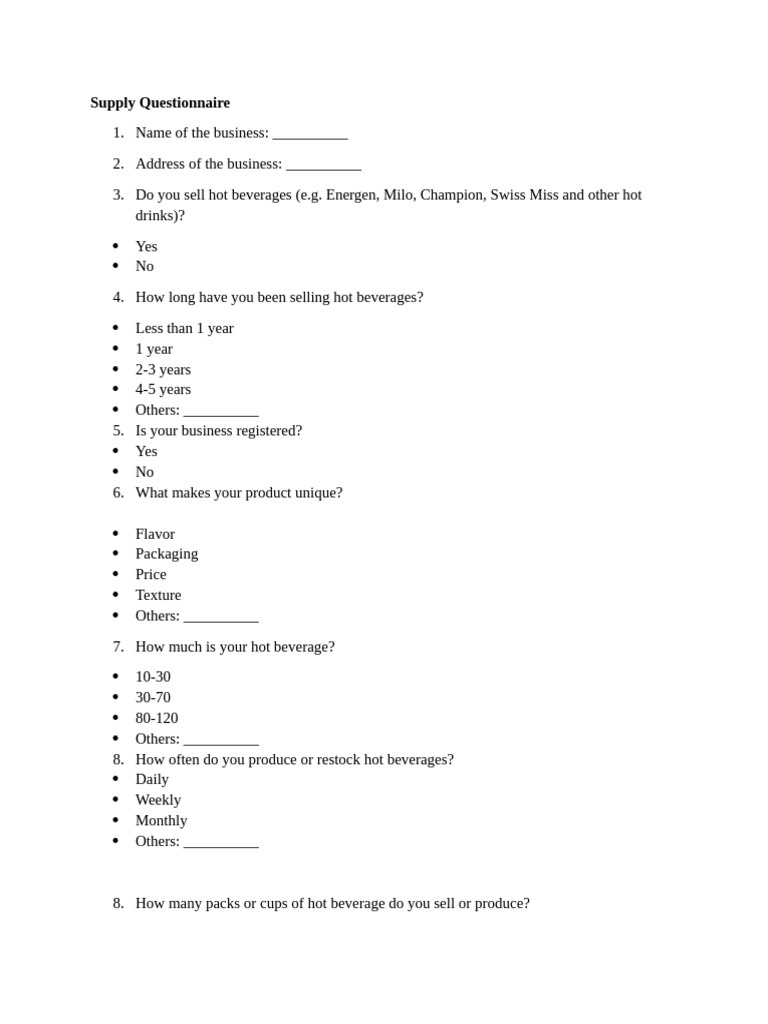 Supply Questionnaire | PDF