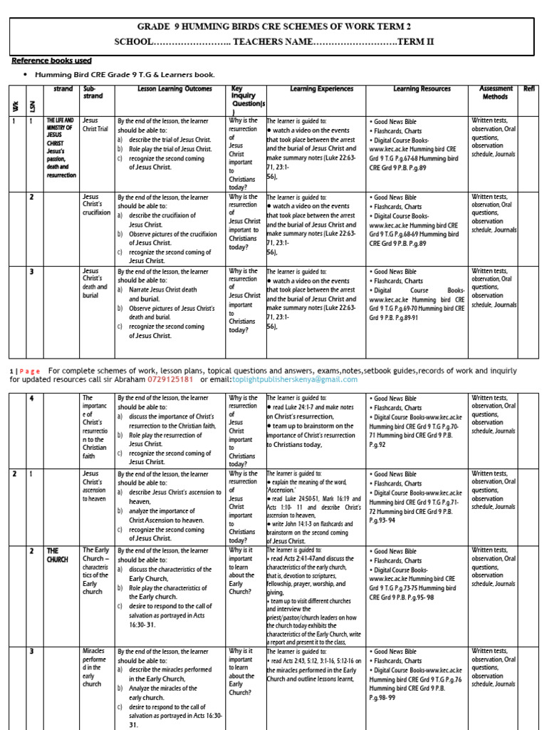 Grade 9 Cre Term 2 2026 Schemes of Work Hummingbird | PDF | Jesus ...