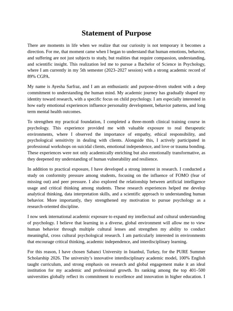 Statement of Purpose | PDF | Psychology | Interdisciplinarity
