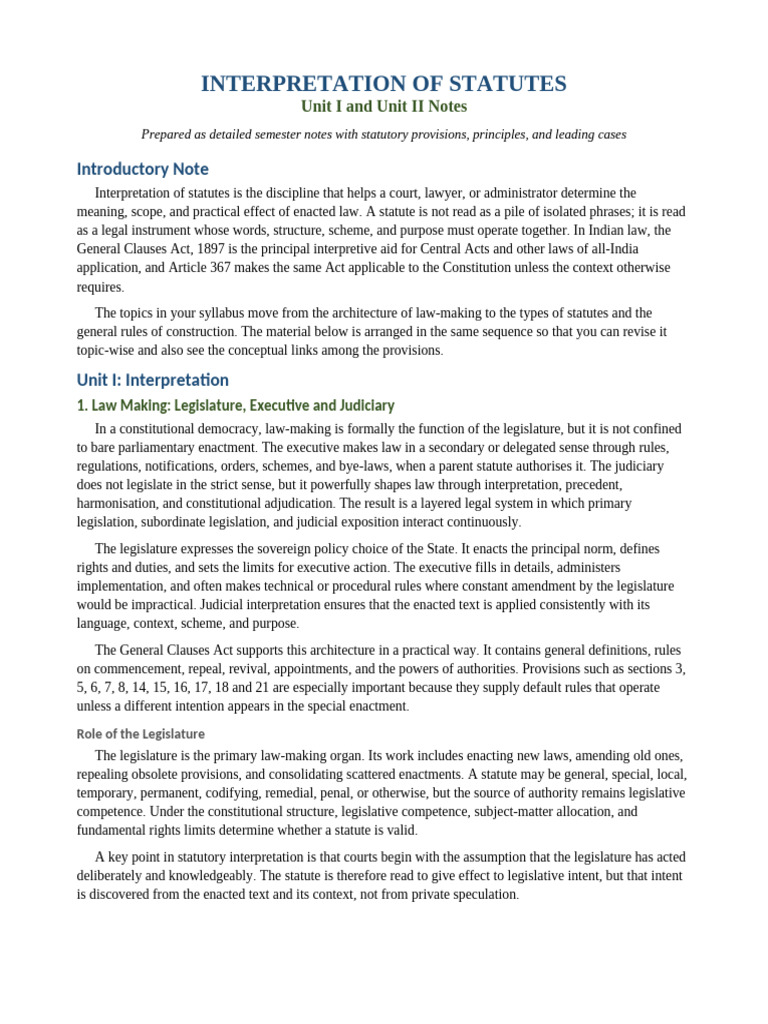 Interpretation of Statutes Unit I II Notes | PDF | Statutory ...