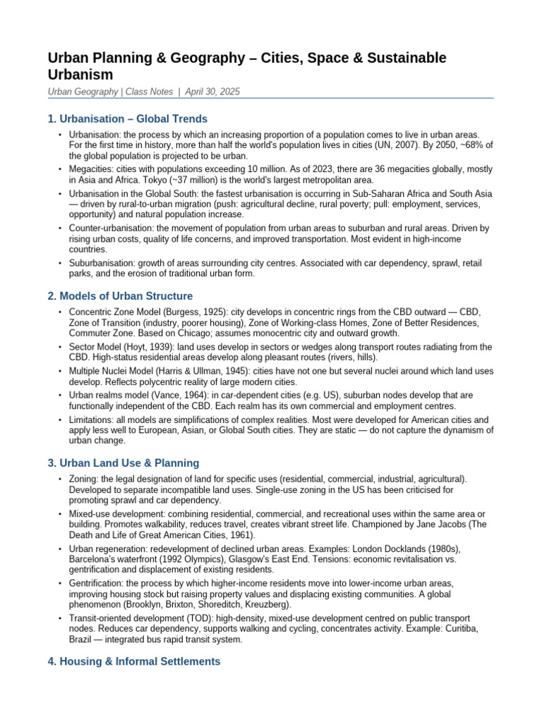 Urban Planning Cities Notes | PDF | City | Urbanization