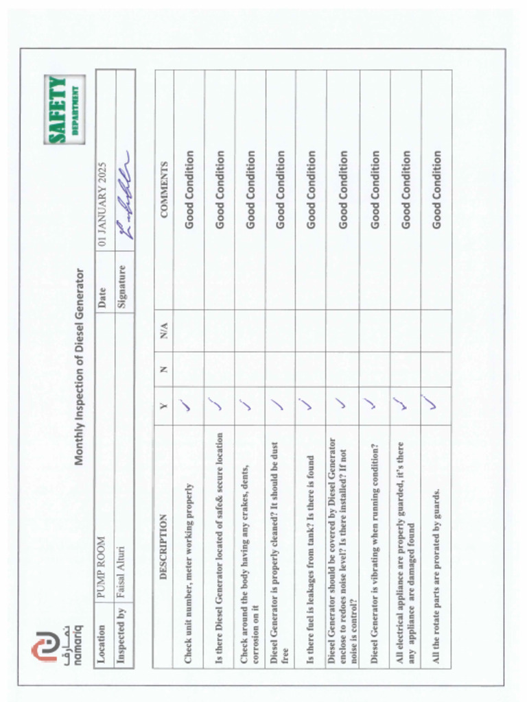 Diesel Generator Inspection Checklist of Monthly | PDF
