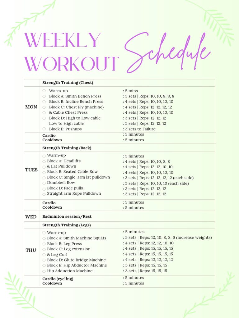 Weekly Workout Schedule | PDF | Strength Training | Physical Exercise