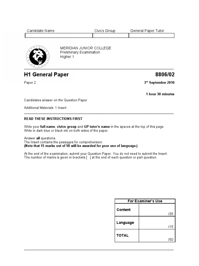 2010 MJC P2 Answer Booklet | PDF