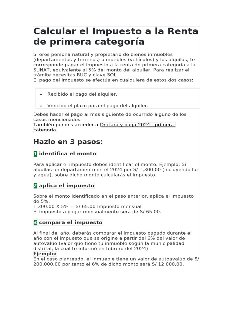 Calcular El Impuesto a La Renta de Primera Categoría | PDF