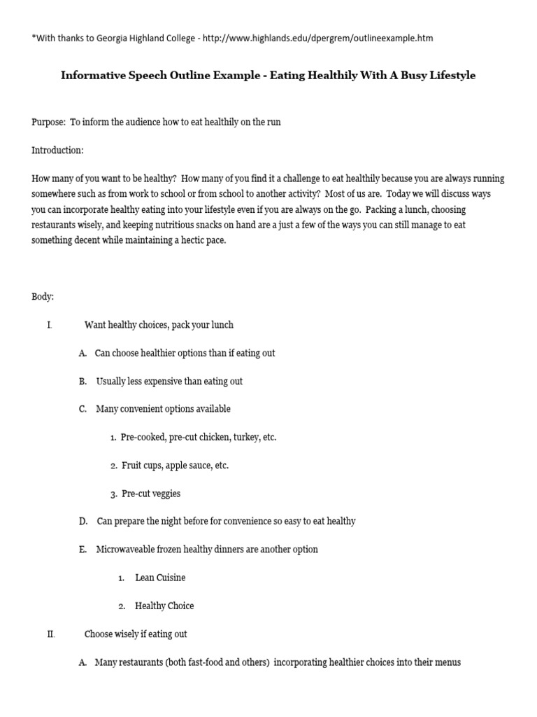 Informative Speech Outline Sample 1 | PDF | Lunch | Entrée