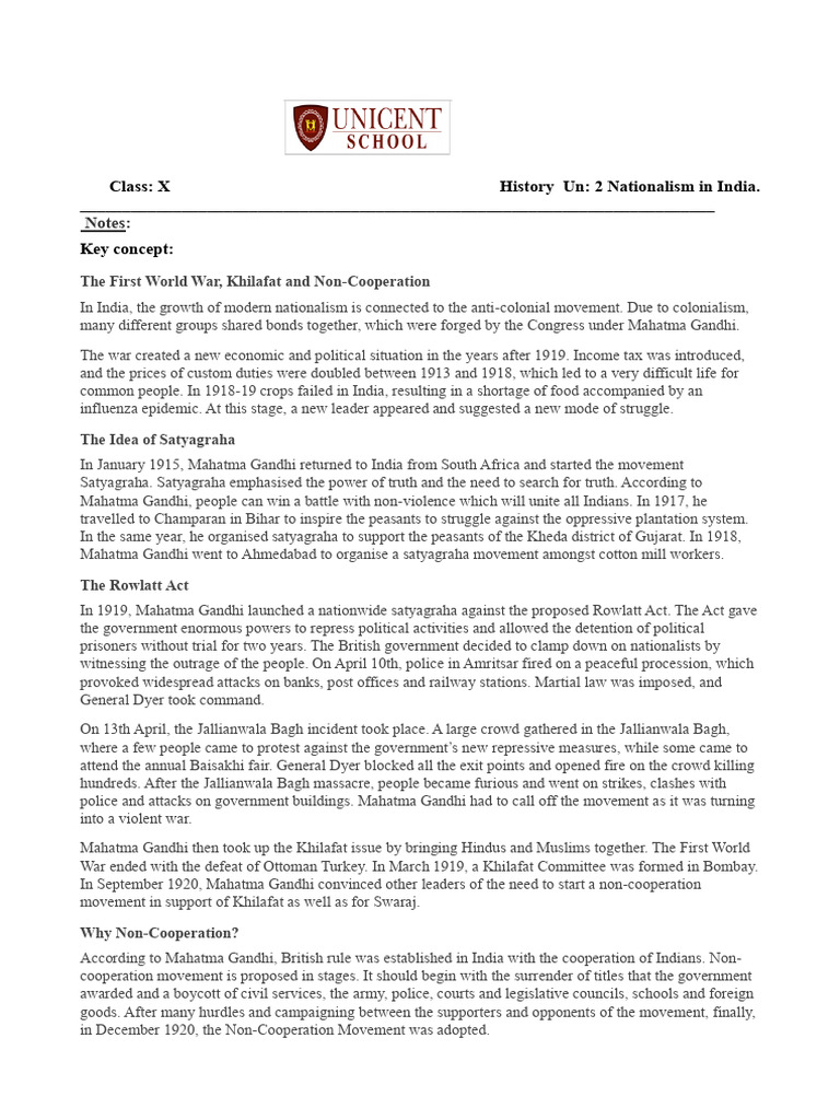 GRADE-10 History Unit-1 Nationalism in India Notes | PDF | Mahatma ...