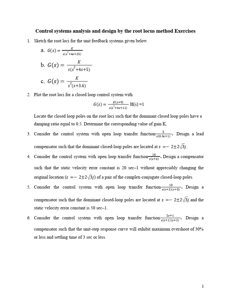 Control Systems Analysis and Design by The Root Locus Method Exercises ...