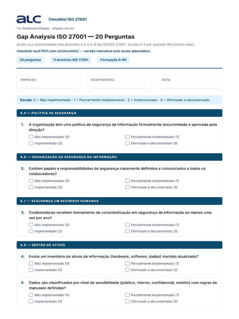Gap Analysis ISO 27001 - 20 Perguntas Nos 11 Domínios | PDF