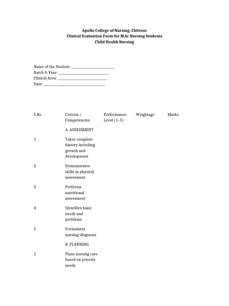MSC Nursing Clinical Evaluation Form | PDF