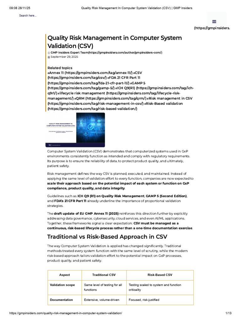 Quality Risk Management in Computer System Validation (CSV) _ GMP ...