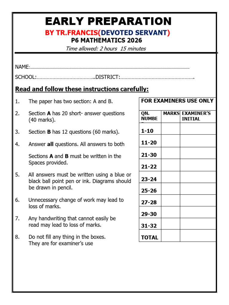 P6 ASSESSMENT BY TR KIZITO | PDF | Mathematics | Elementary Mathematics