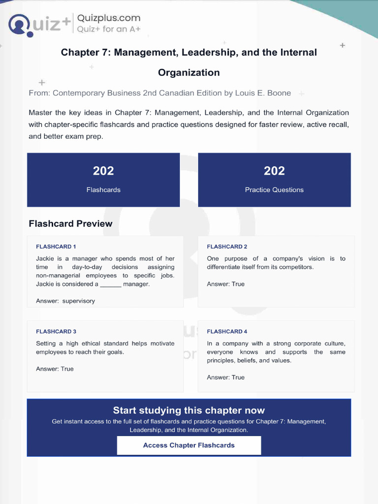 Flashcards for Chapter 7 Management Leadership and the Internal ...