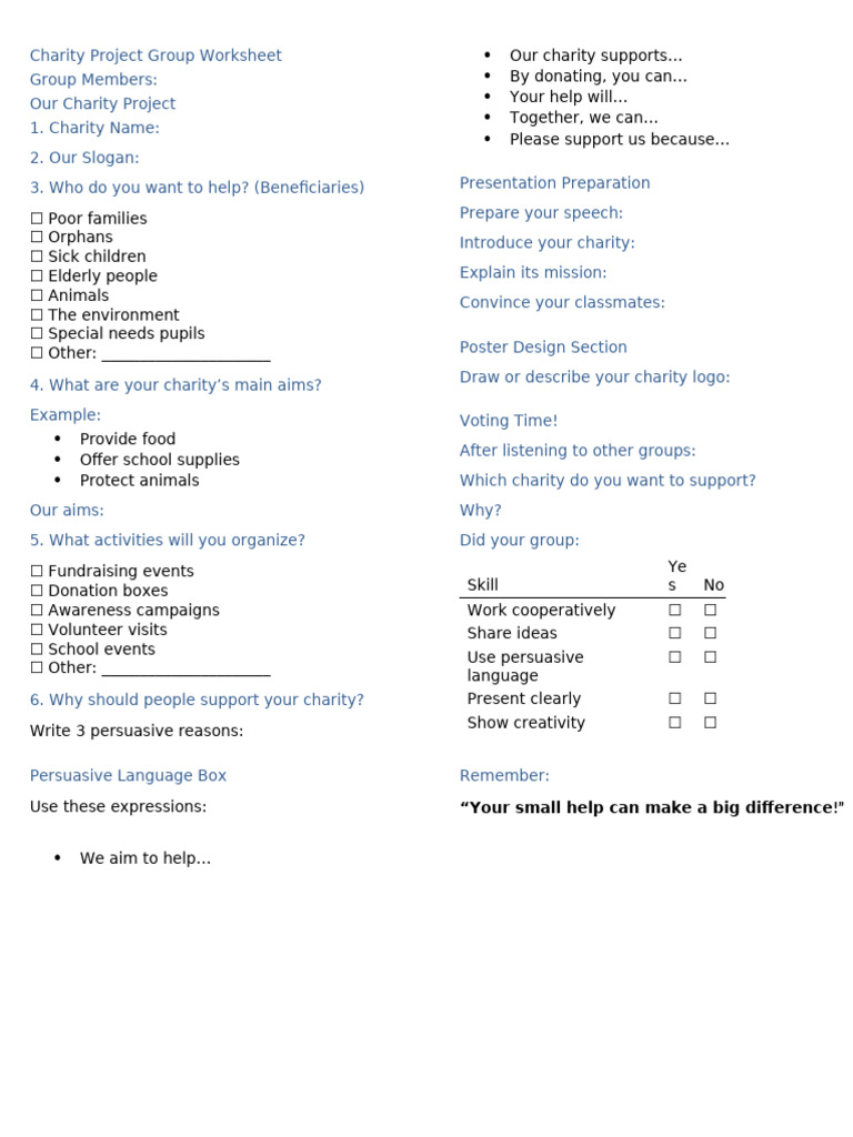 Charity Project Group Worksheet | PDF