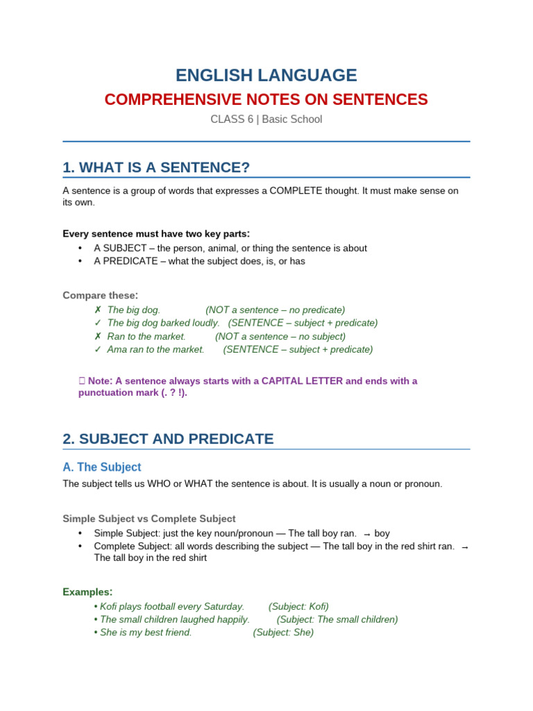 Class6 English Sentences Note | PDF | Subject (Grammar) | Phrase