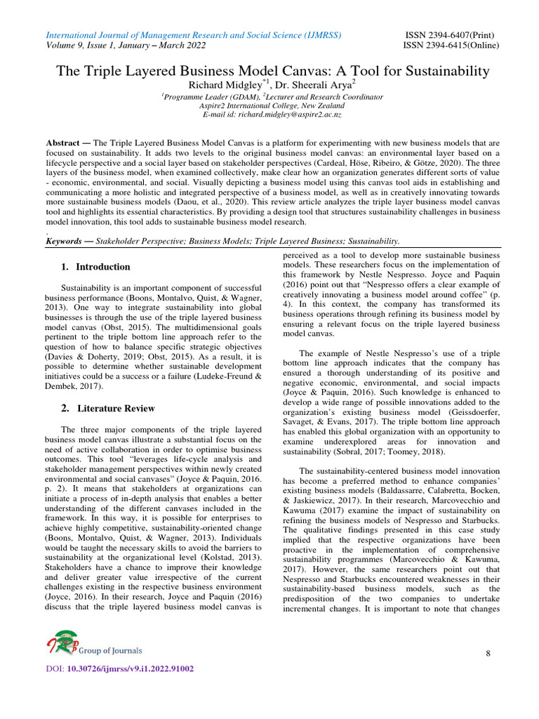 The Triple Layered Business Model Canvas: A Tool for Sustainability ...