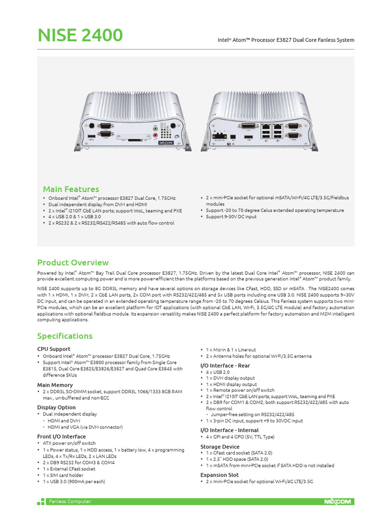 Nexcom NISE 2400 Fanless Computer Datasheet | PDF | 64 Bit Computing | Usb